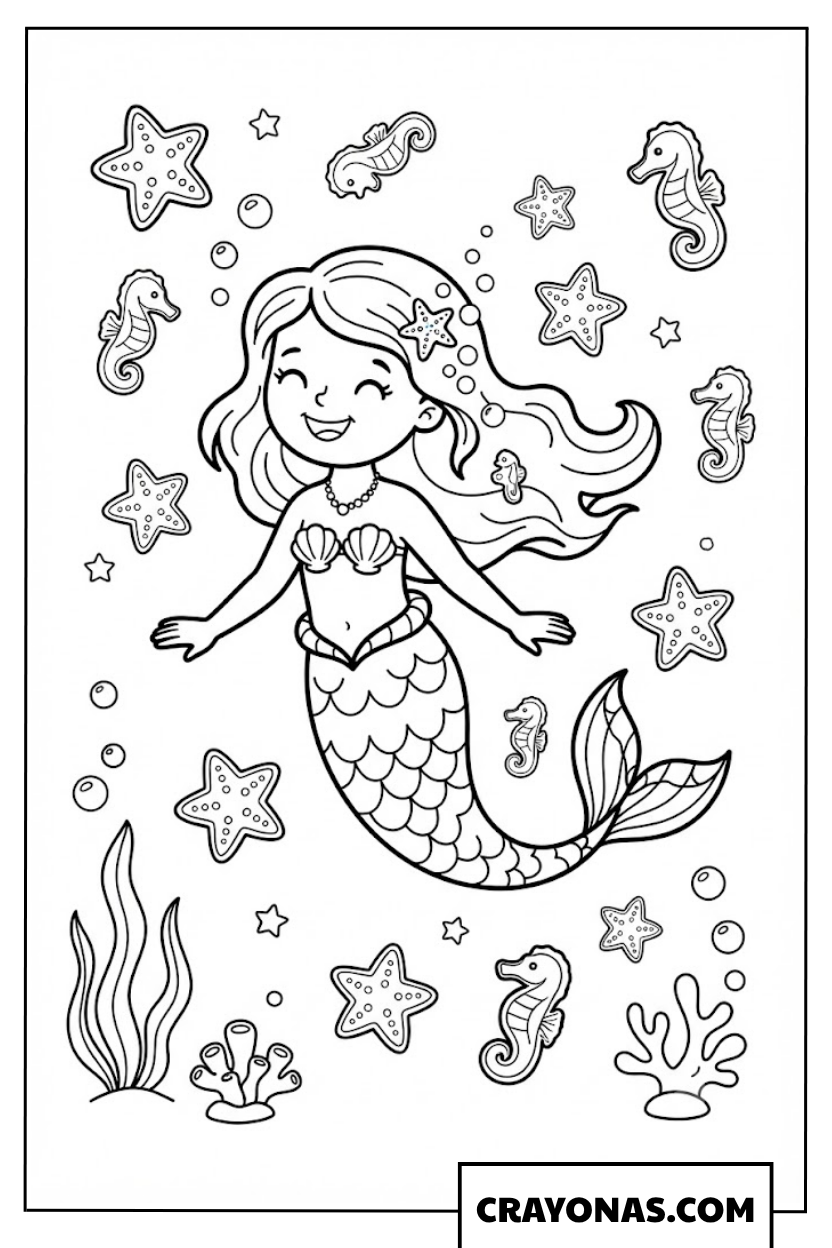 Kawaii Mermaid Swimming with Starfish Coloring Page