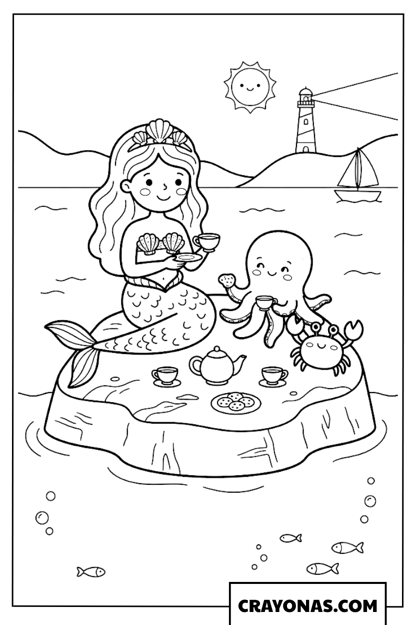 Kawaii Mermaid Tea Party with Sea Friends Coloring Page