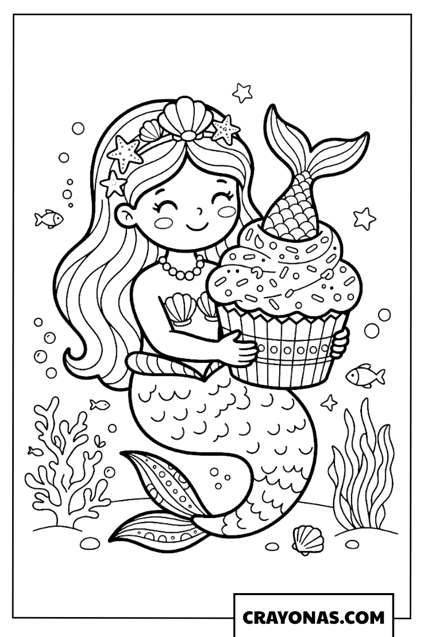 Kawaii Mermaid with Cupcake Coloring Page