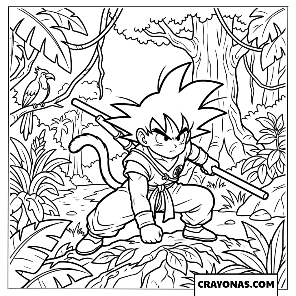 Kid Goku Crouching in Jungle Forest Background Coloring Page