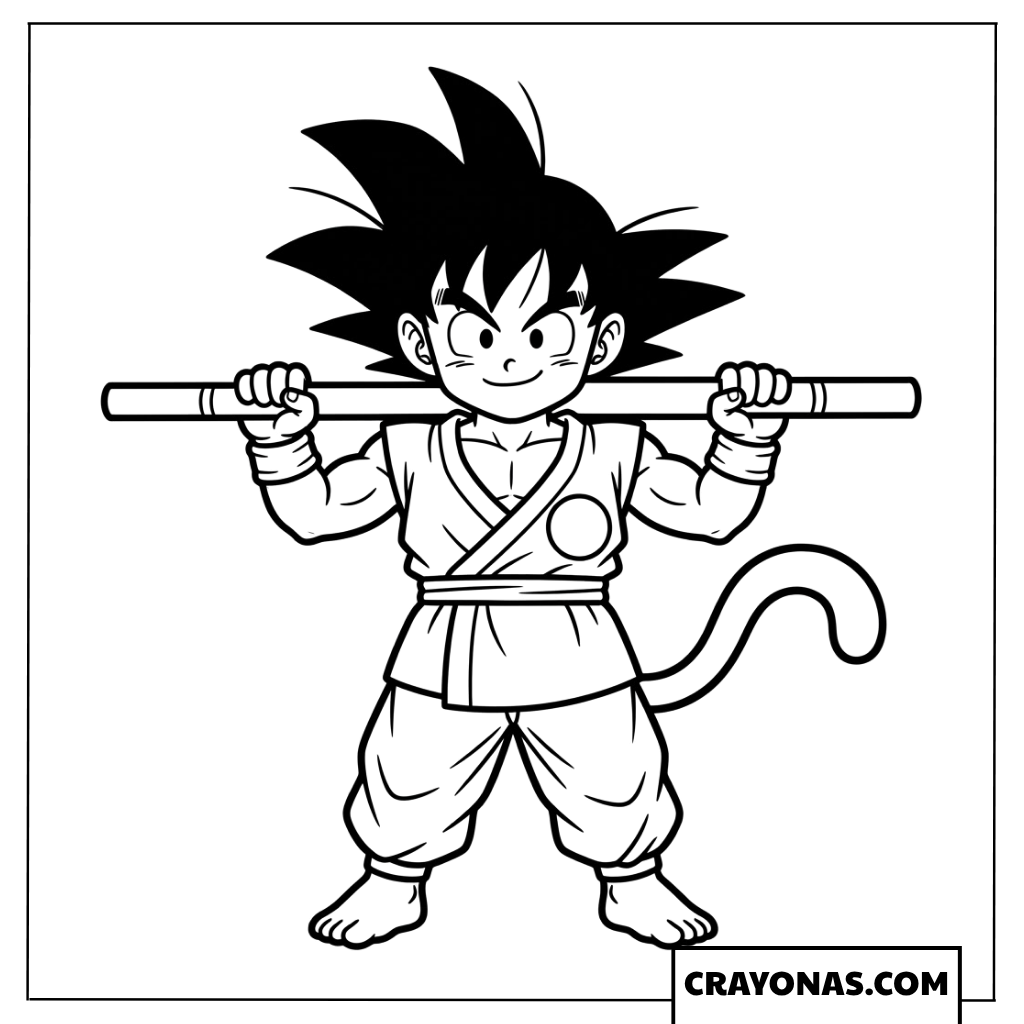 Kid Goku Holding Power Pole Behind Back Coloring Page