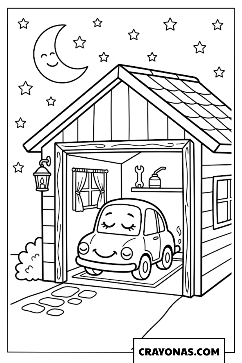 Little Cartoon Car Sleeping in Cozy Garage Coloring Page