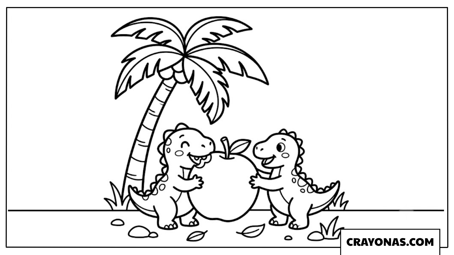 Little Dinosaur Buddies Sharing a Large Red Apple Coloring Page