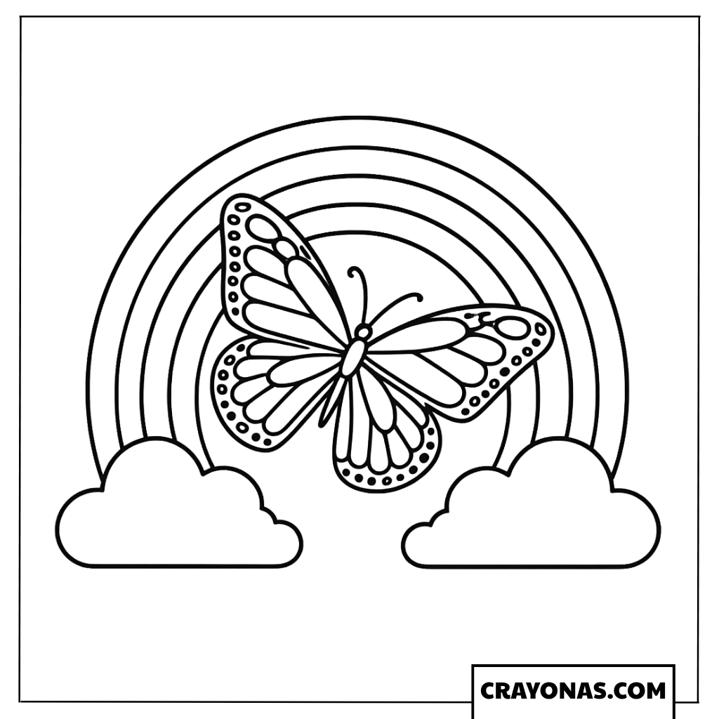 Lovely butterfly fluttering gracefully in front of a big arched rainbow stretching between two fluffy clouds.
