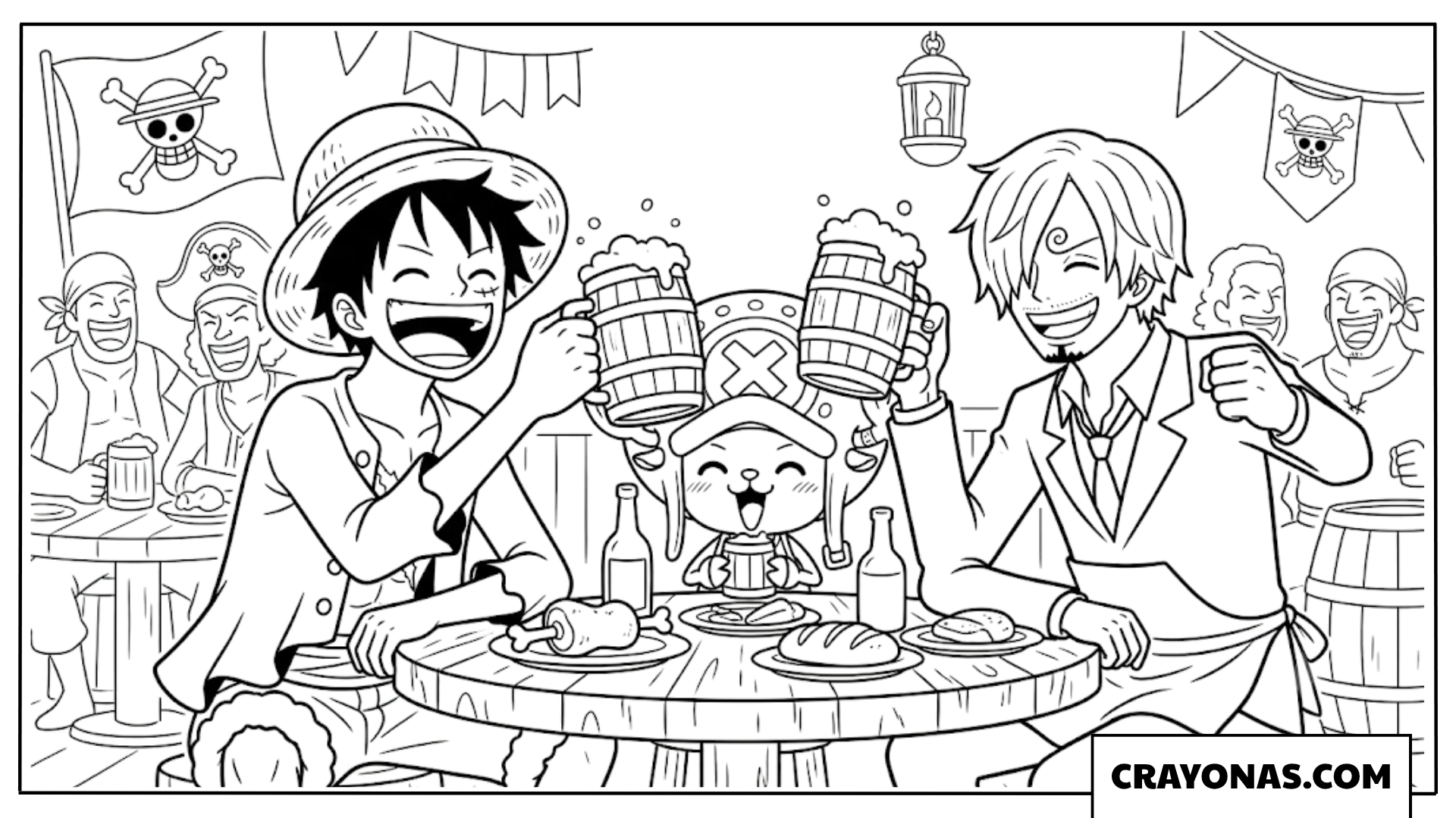 Luffy Chopper And Sanji Toasting Mugs At Pirate Banquet Coloring Page