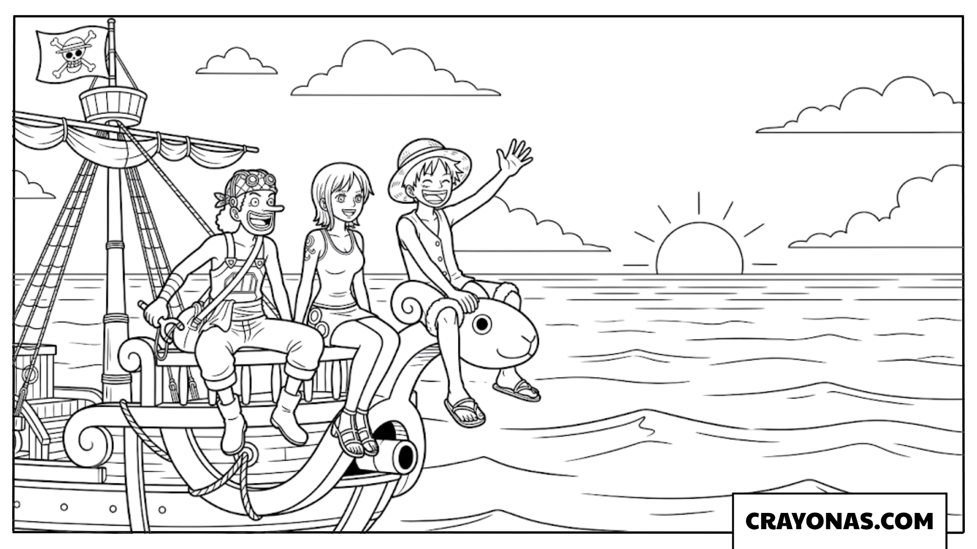 Luffy Zoro And Nami On Going Merry Ship Sailing At Sunset Coloring Page