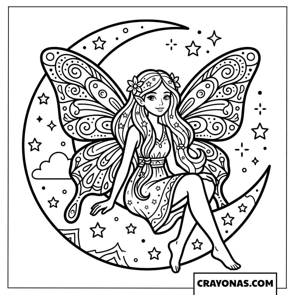 Magical Butterfly Fairy Sitting on the Moon Coloring Page