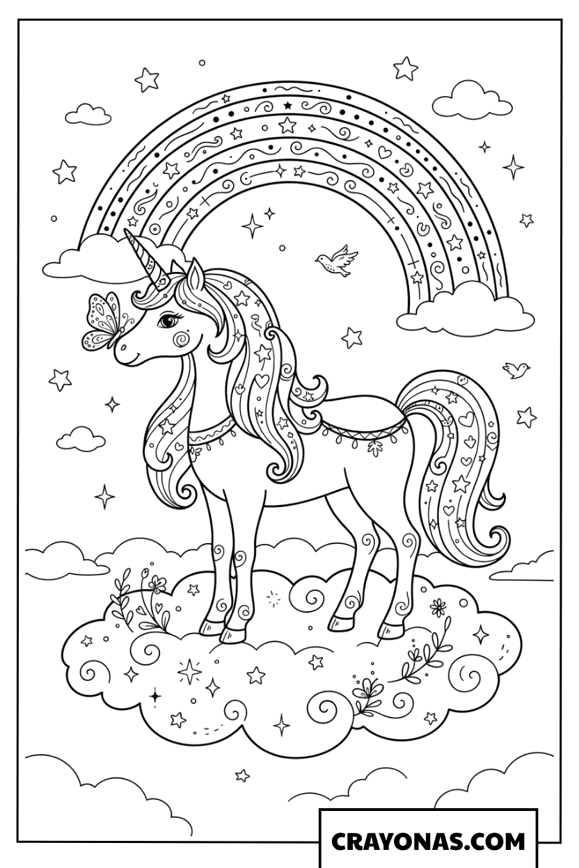 Magical Unicorn Standing on Clouds with Rainbow and Butterflies Coloring Page