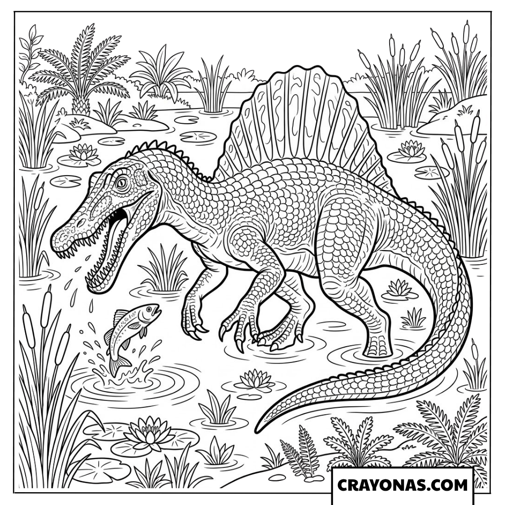 Majestic Spinosaurus Hunting in Swamp Coloring Page