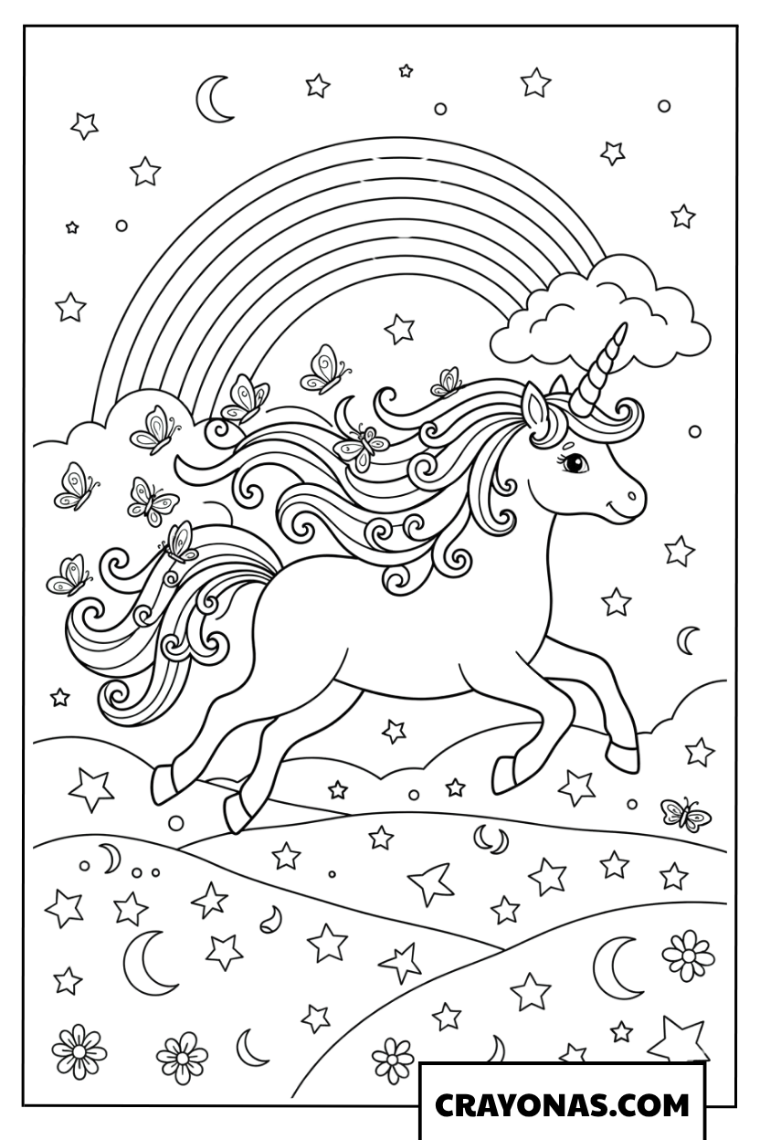 Majestic Unicorn Leaping Through Starry Sky with Rainbow Coloring Page