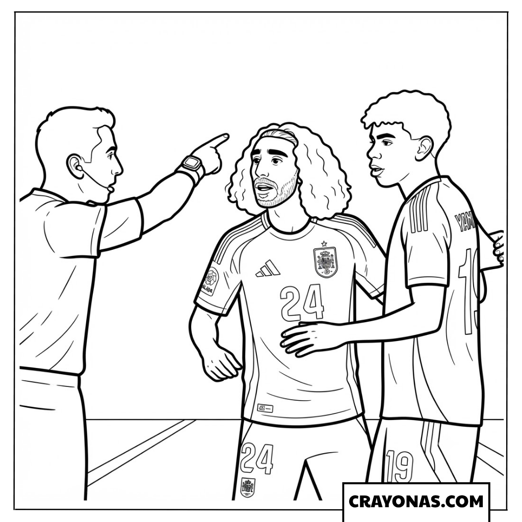 Marc Cucurella and Lamine Yamal Arguing with Referee Coloring Page
