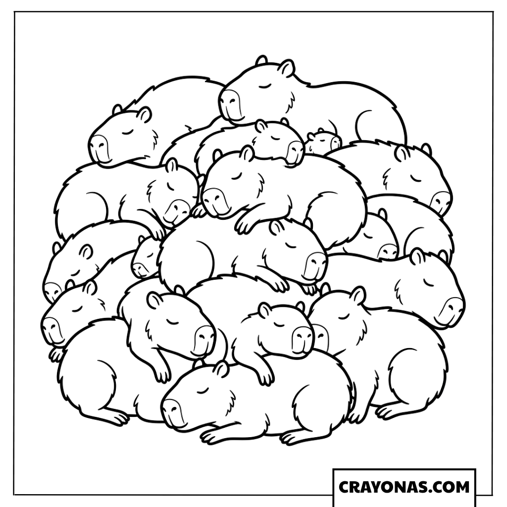 Massive Capybara Pile Snuggling Together Coloring Page