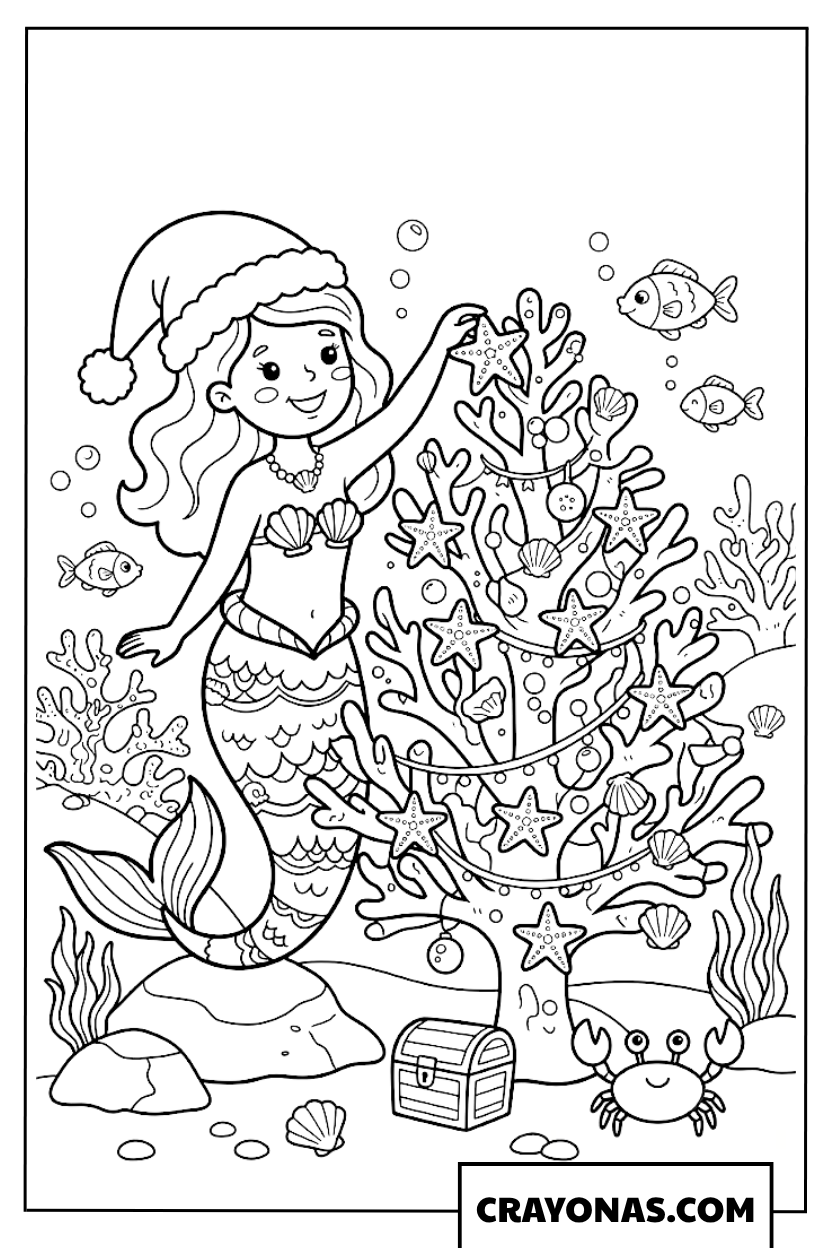 Mermaid Decorating Coral Tree Coloring Page