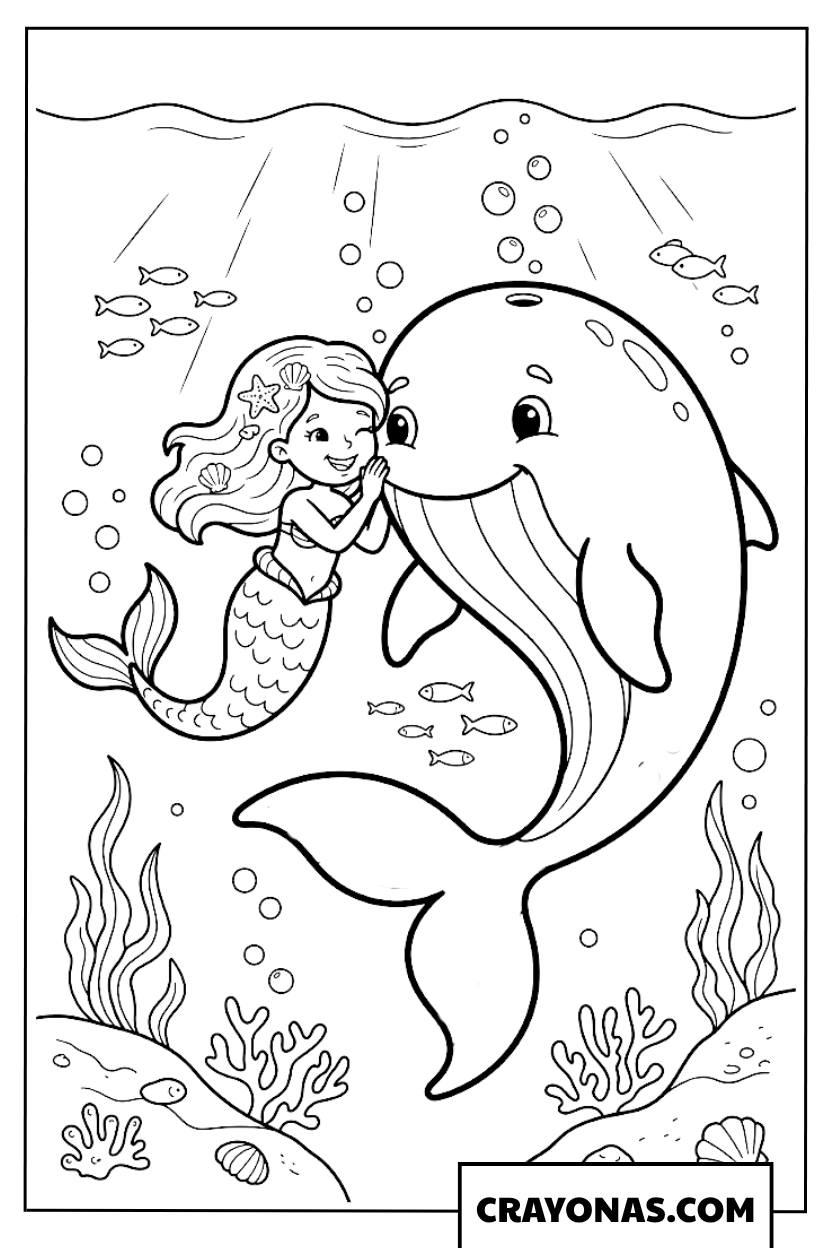 Mermaid Hugging Dolphin Coloring Page