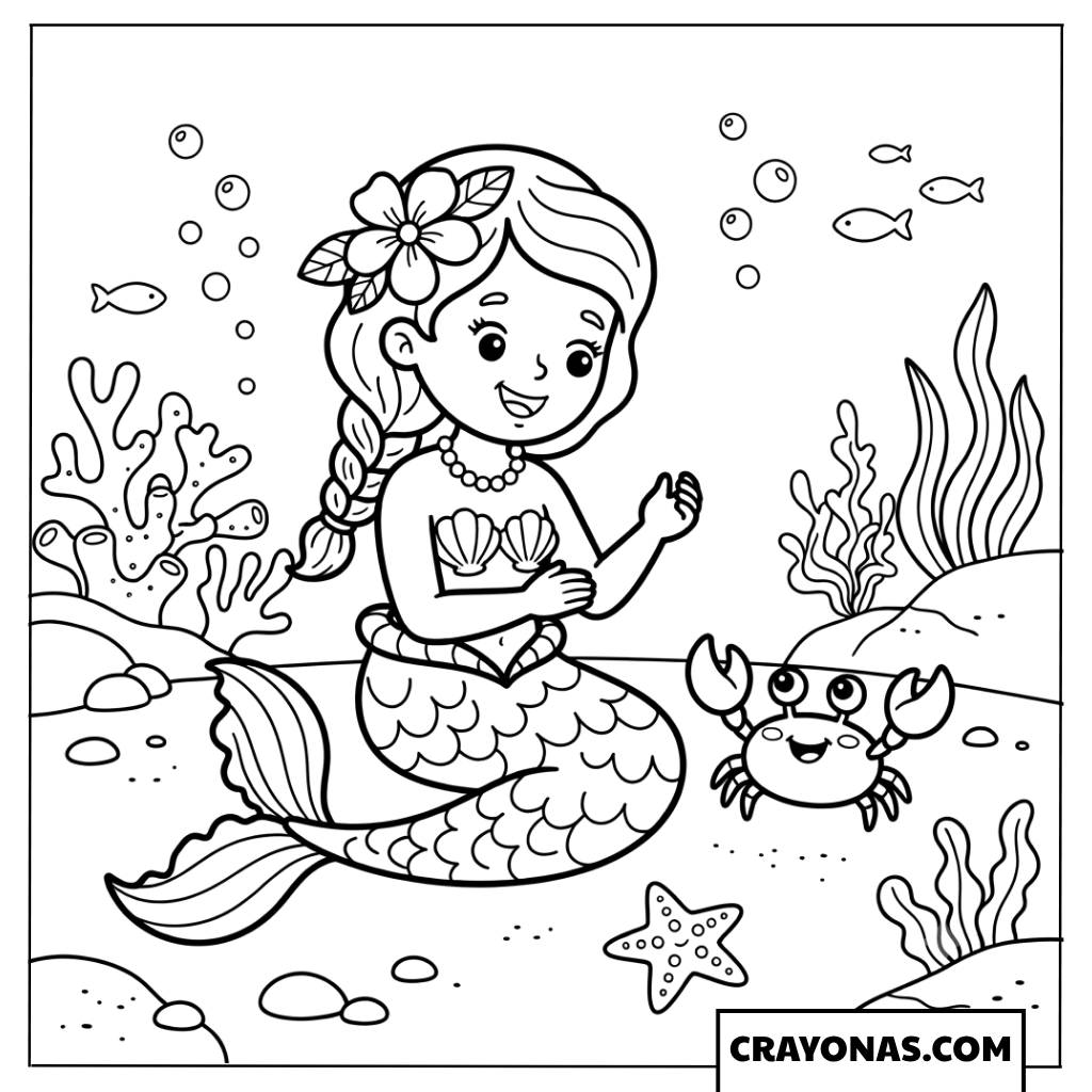 Mermaid Playing with Crab Coloring Page
