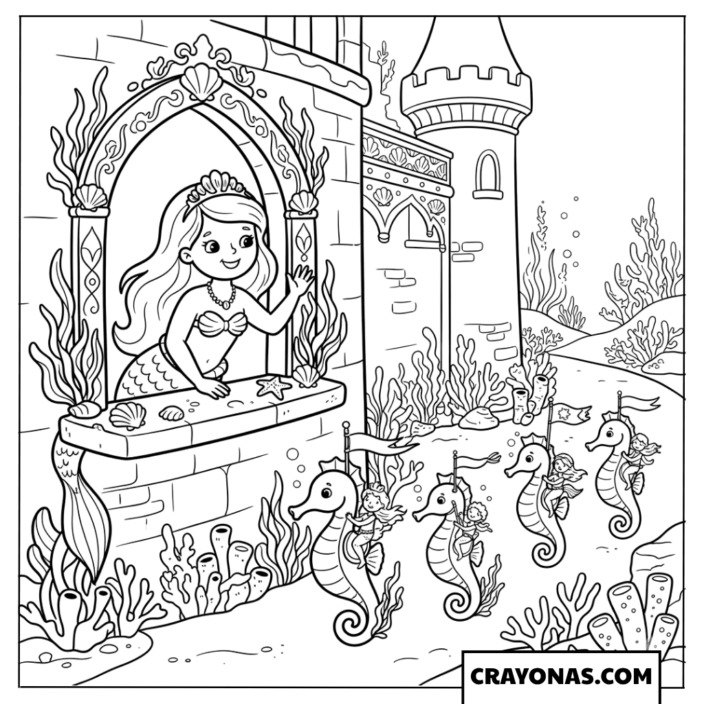 Mermaid Princess at Underwater Castle Window Coloring Page