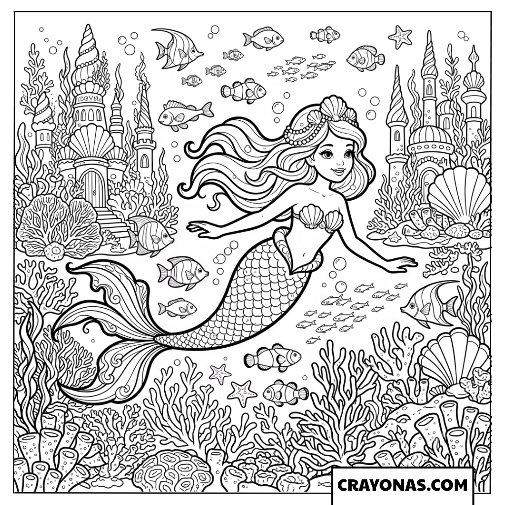Mermaid Princess in Underwater Kingdom Coloring Page