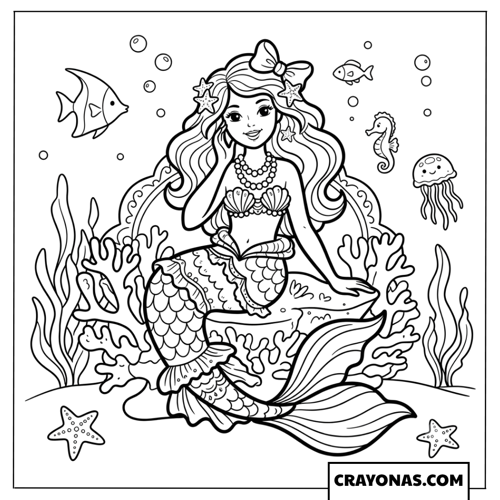 Mermaid Princess with Magic Wand Coloring Page