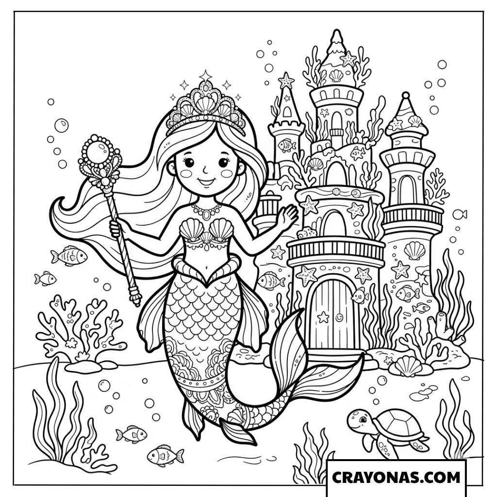 Mermaid Princess with Magic Wand Coloring Page