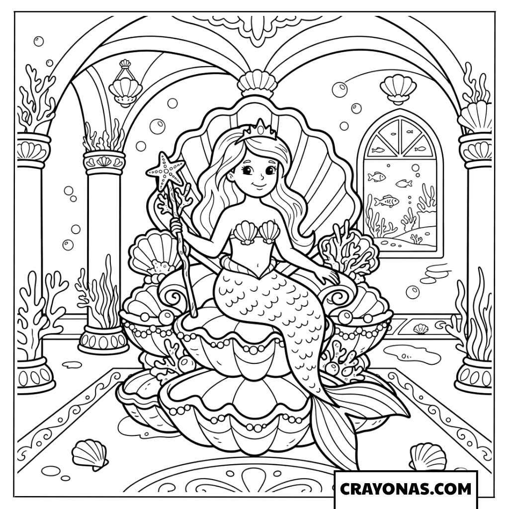 Mermaid Queen on Throne Coloring Page