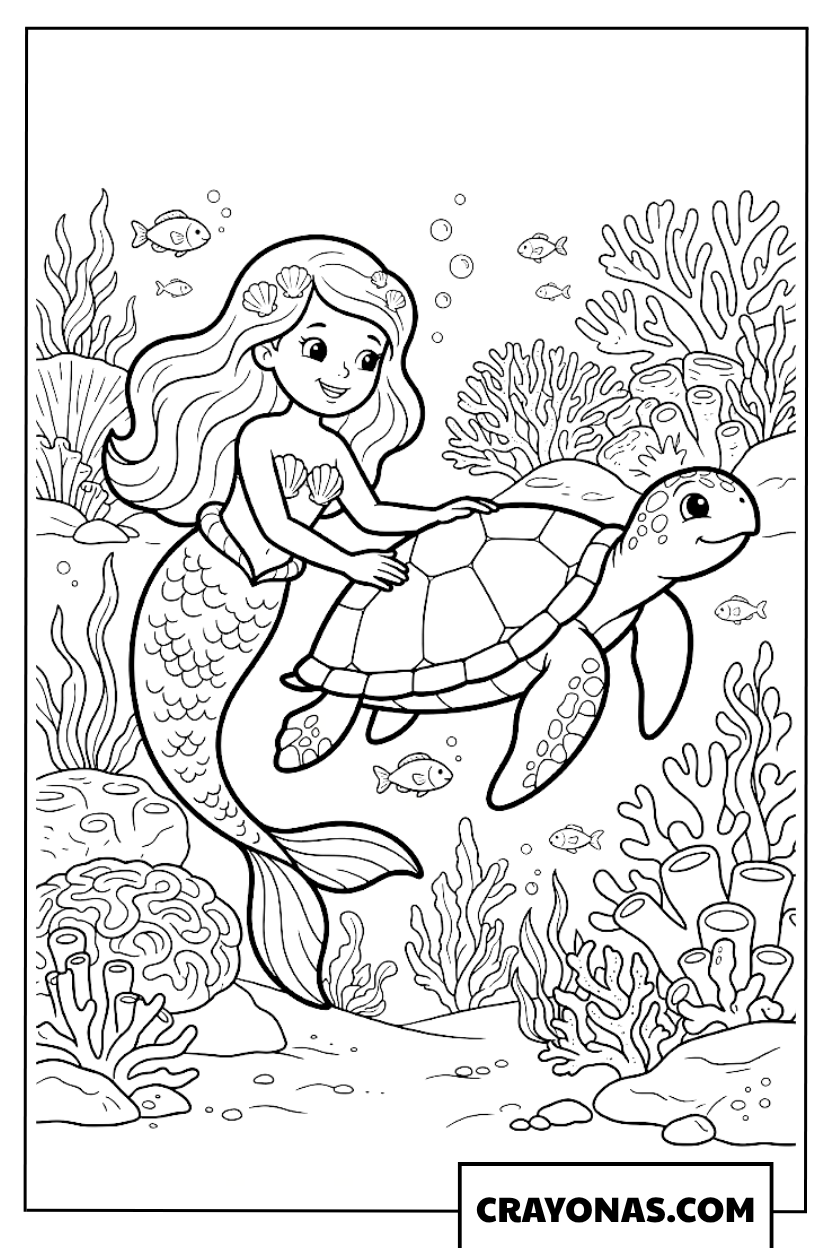 Mermaid Riding Sea Turtle Coloring Page