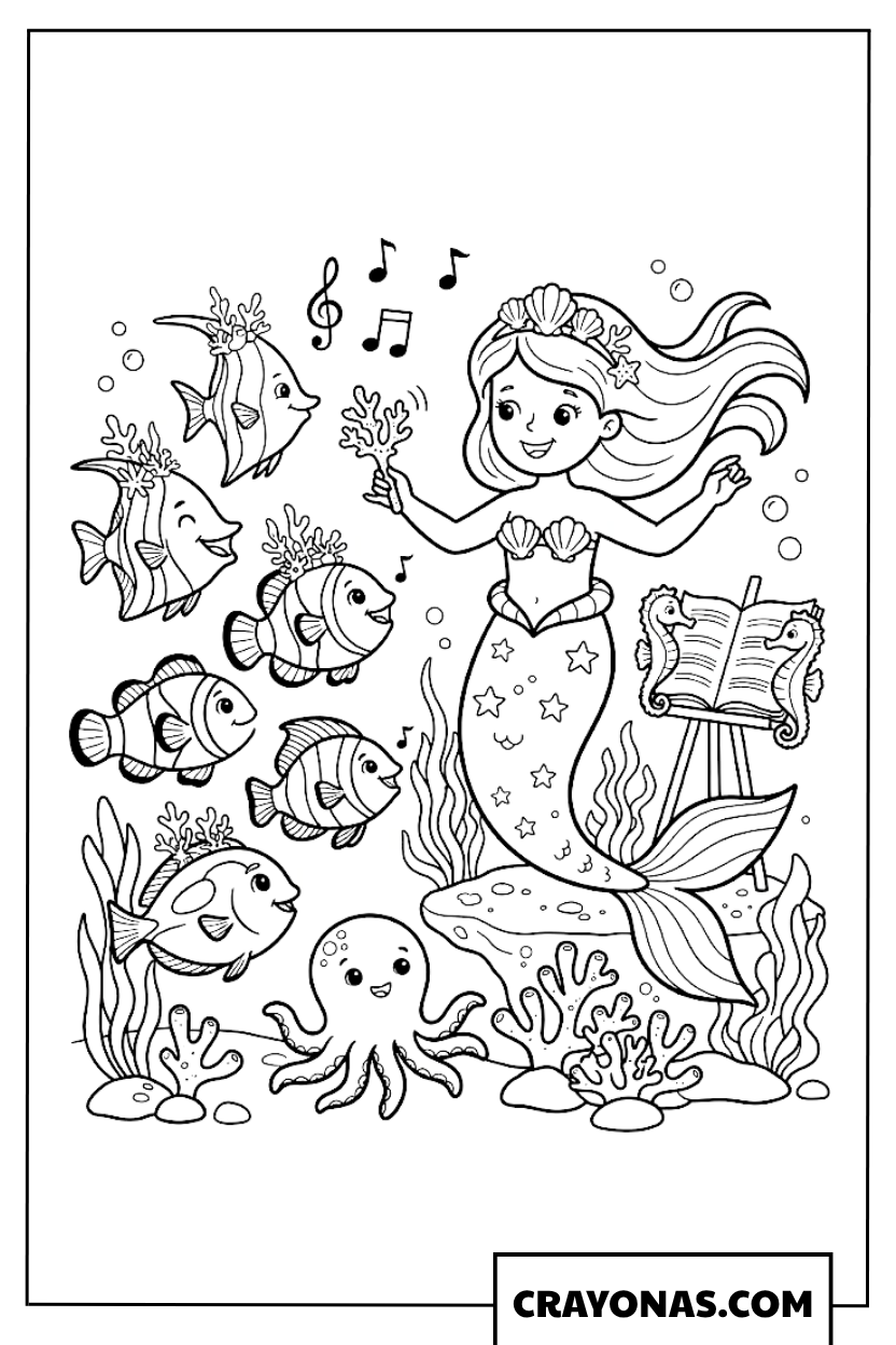 Mermaid Singing with Sea Creatures Coloring Page