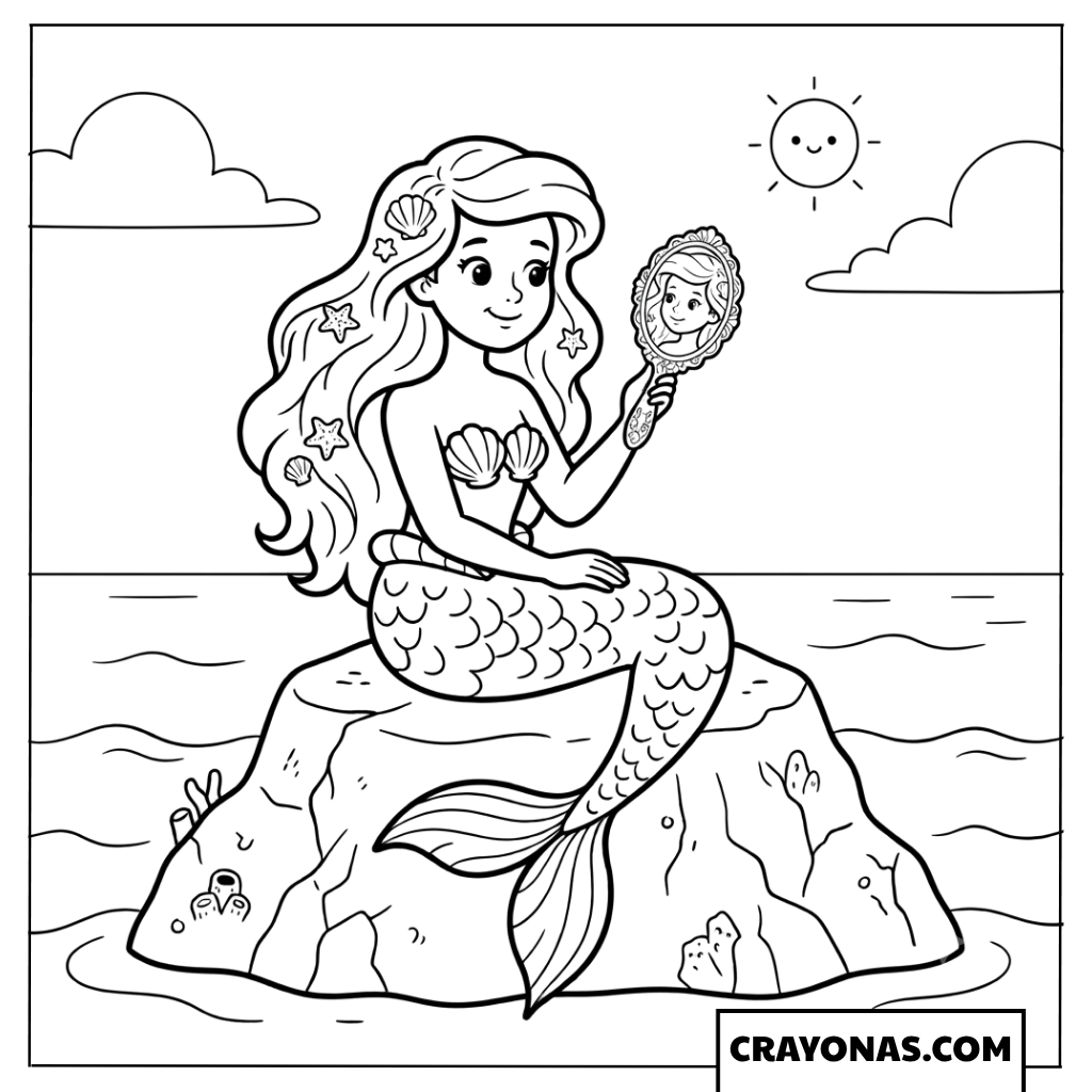 Mermaid Sitting on Rock with Mirror Coloring Page