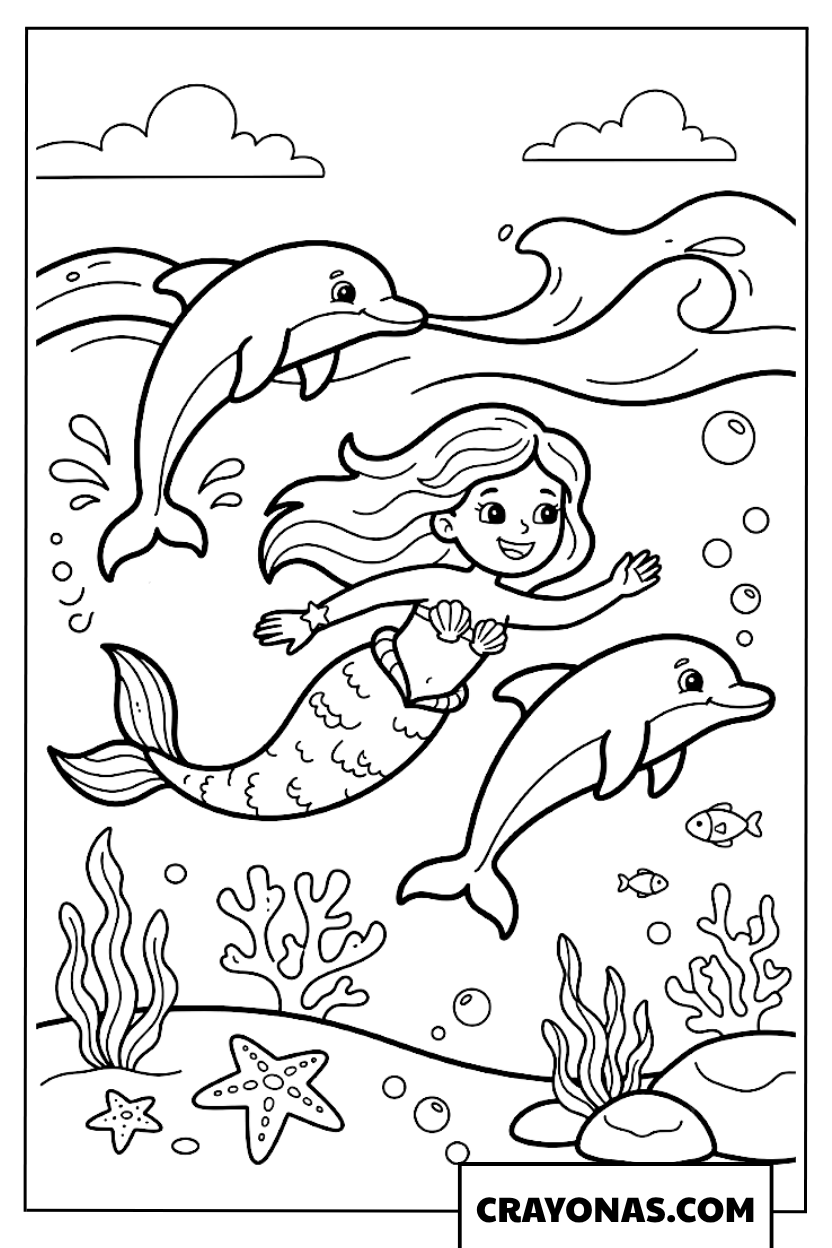 Mermaid Swimming with Dolphins Coloring Page