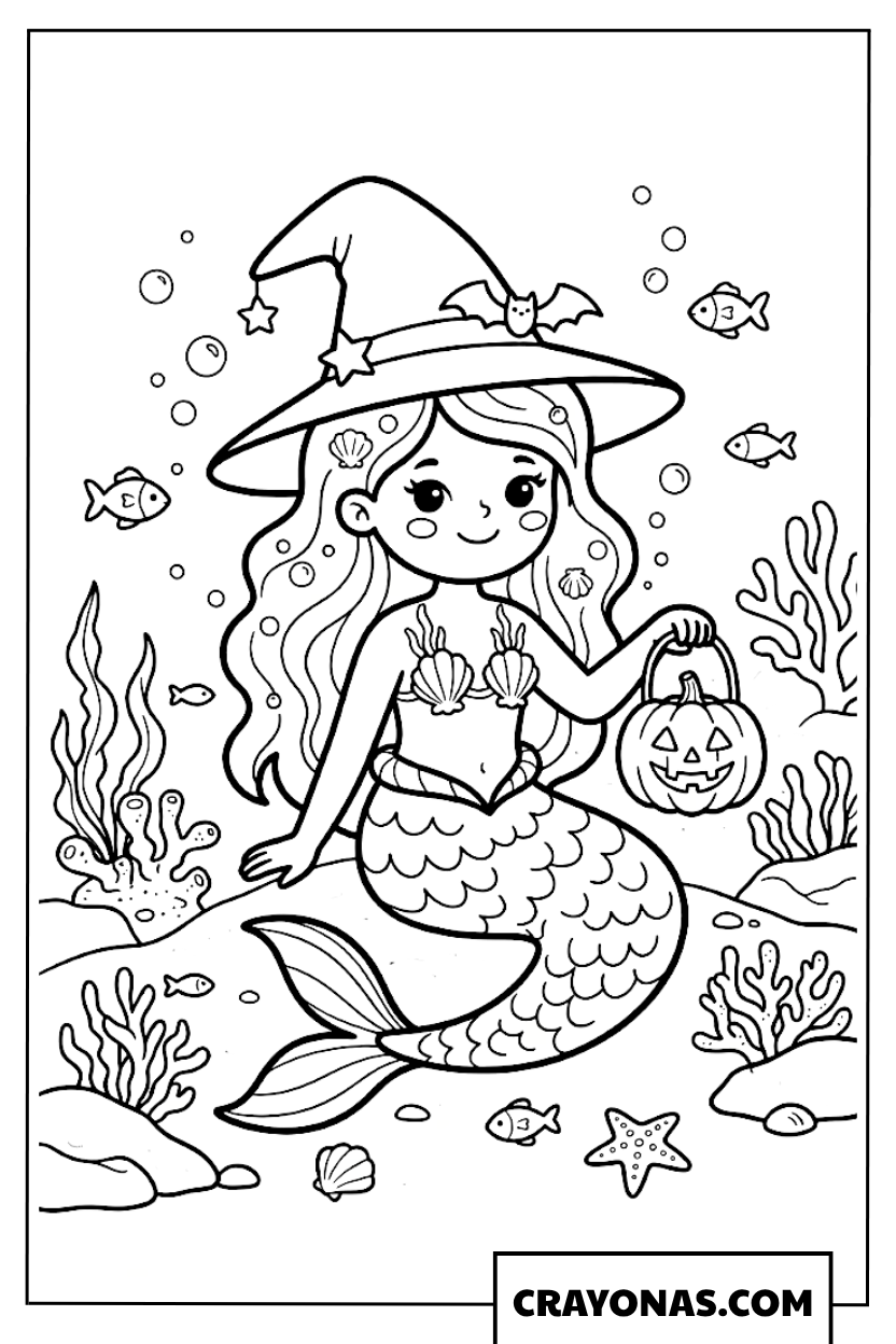 Mermaid Witch Holding Pumpkin Coloring Page