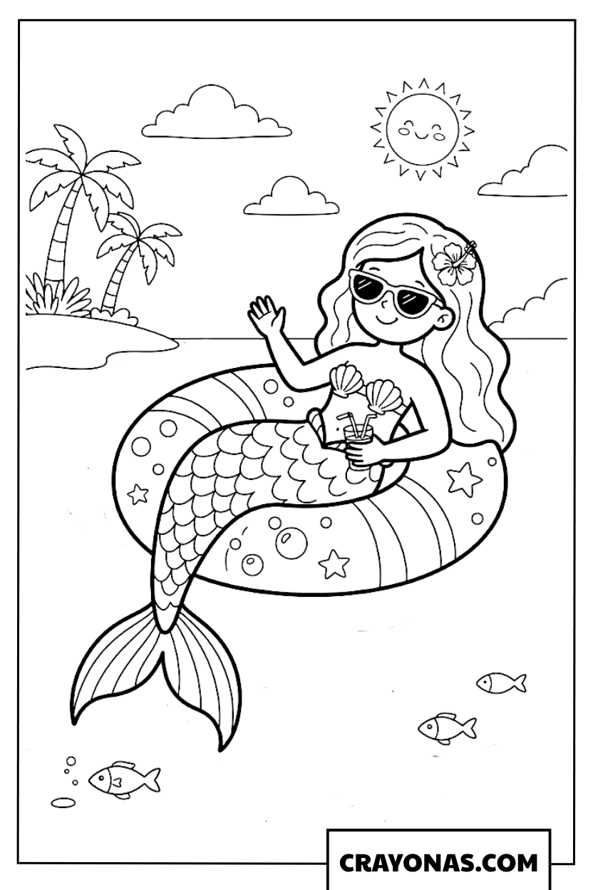 Mermaid on Beach with Sunglasses Coloring Page