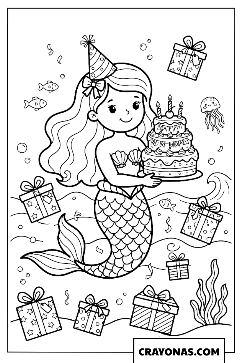 Mermaid with Birthday Cake and Gifts Coloring Page