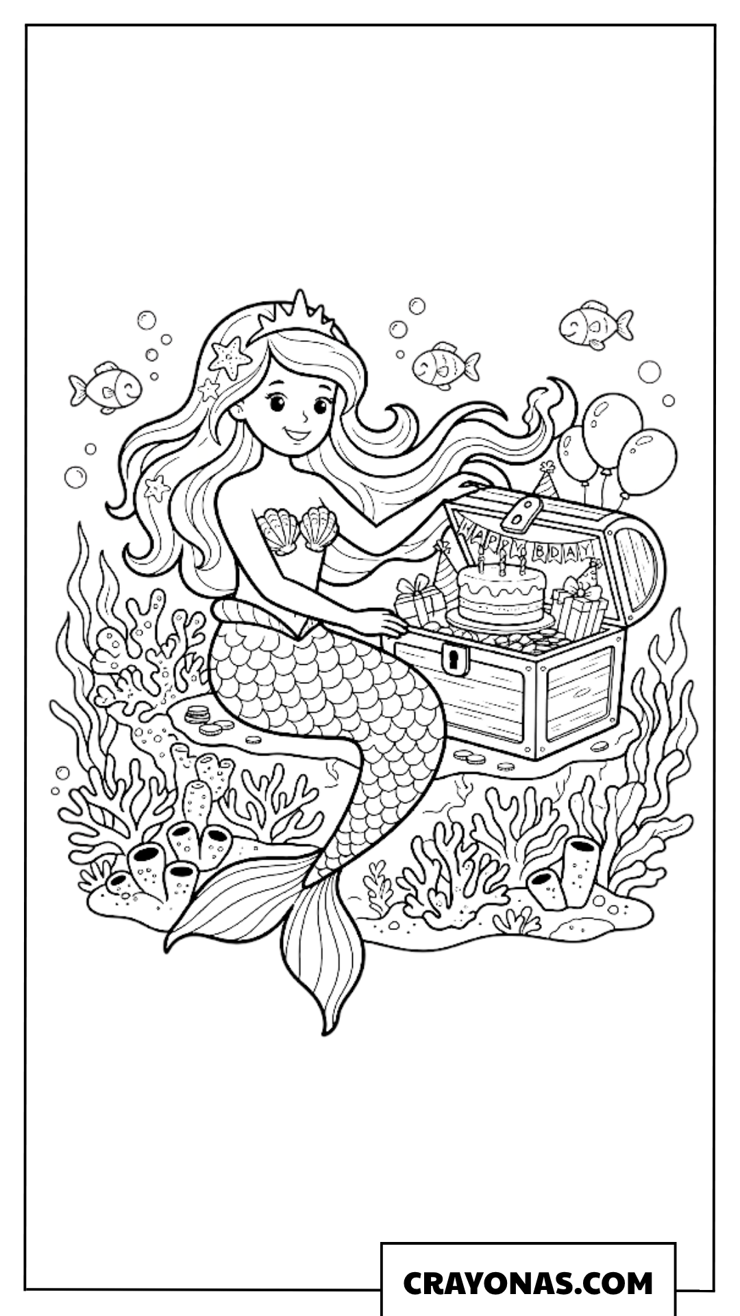 Mermaid with Birthday Treasure Chest Coloring Page