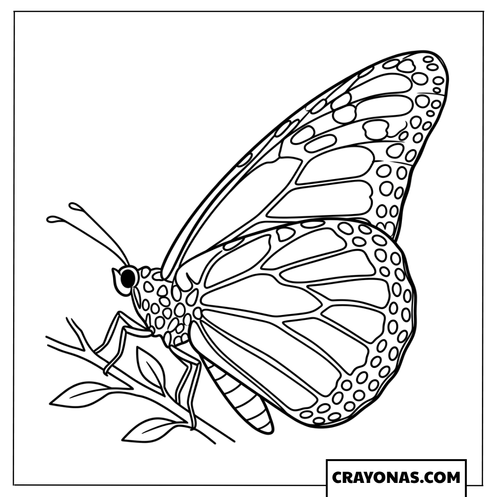 Monarch Butterfly Landing on Twig Side View Coloring Page
