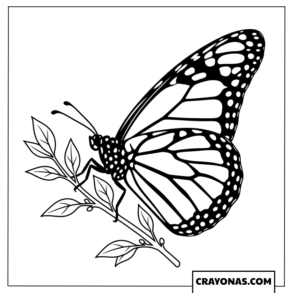 Monarch Butterfly Resting on a Leafy Branch Coloring Page