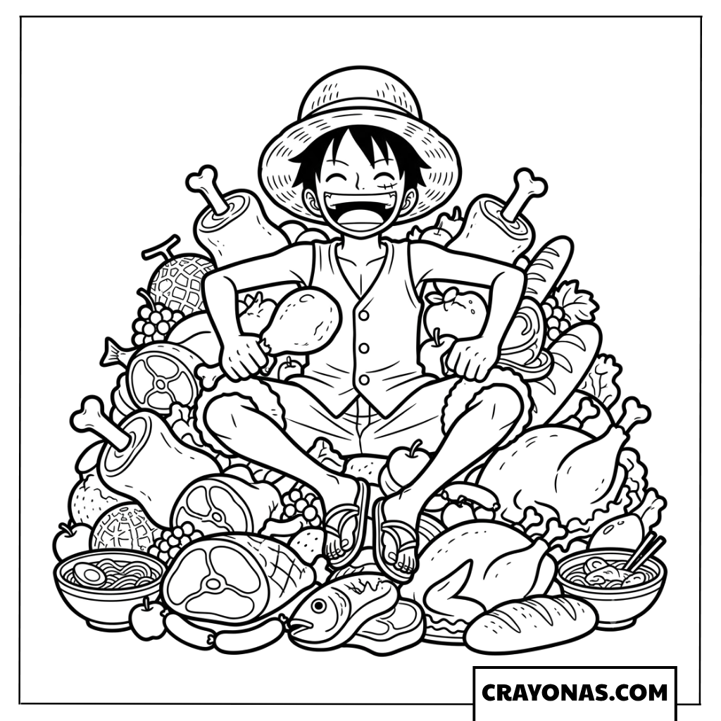 Monkey D Luffy Eating Giant Meat Pile One Piece Coloring Page