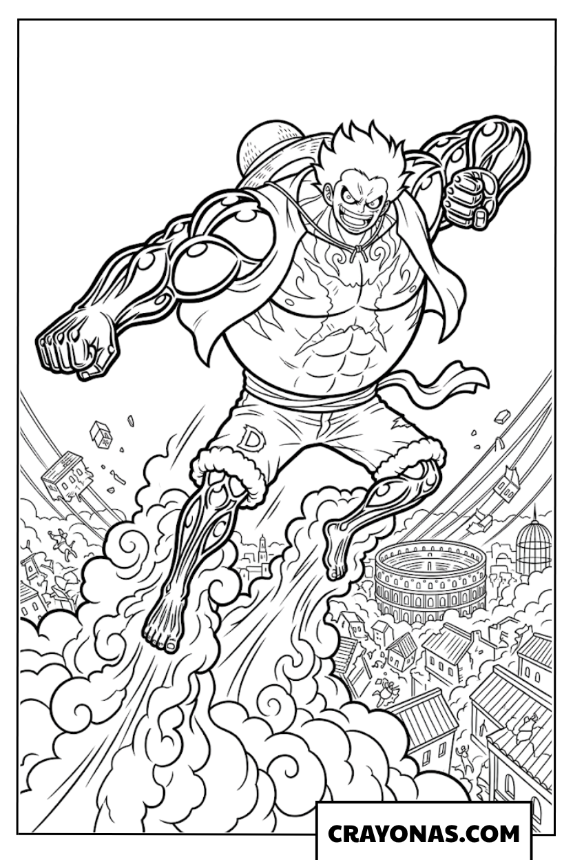 Monkey D Luffy Gear 4 Boundman Flying Above Dressrosa Coloring Page