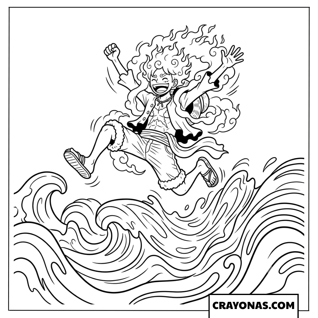 Monkey D Luffy Gear 5 Running On Ocean Waves Coloring Page