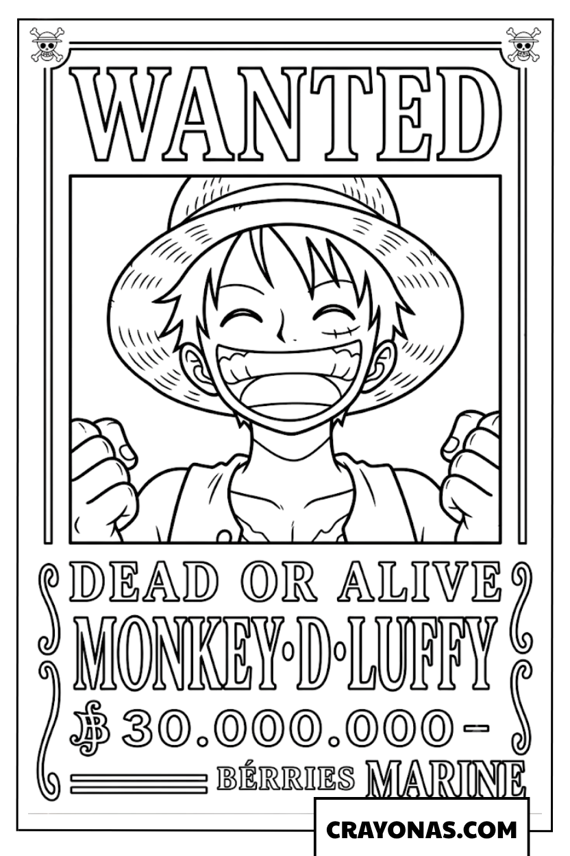 Monkey D Luffy Wanted Poster 30 Million Berries Coloring Page