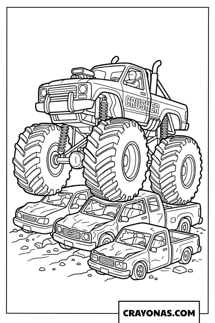 Monster Truck Crushing Cars in Arena Coloring Page