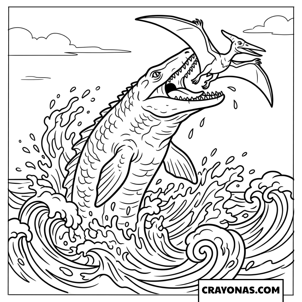 Mosasaurus Leaping From Sea to Catch Pterosaur Coloring Page