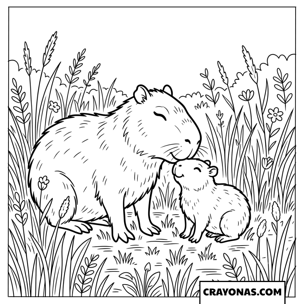 Mother Capybara Cuddling Baby Pup in Grass Coloring Page