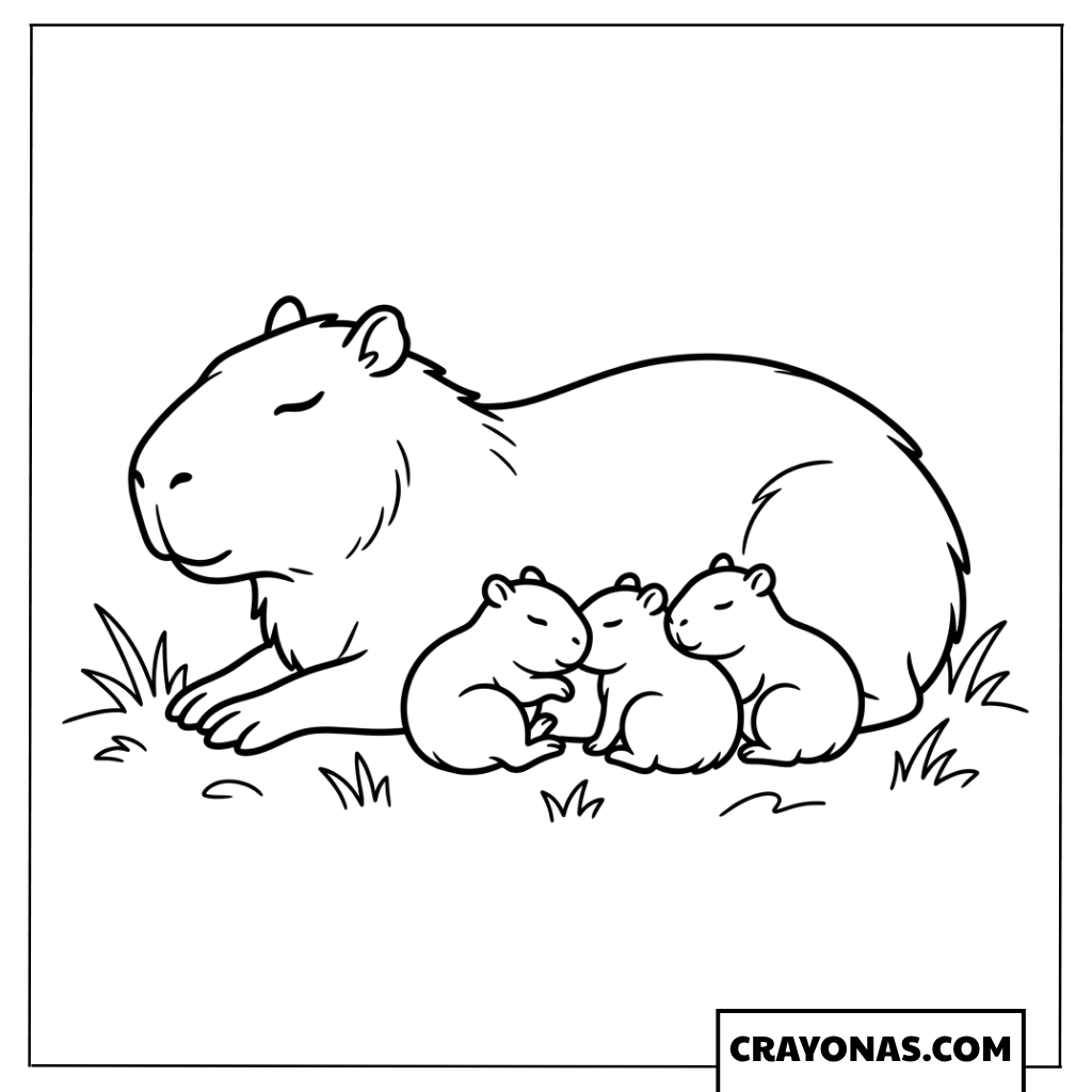 Mother Capybara with Cute Sleeping Pups Coloring Page