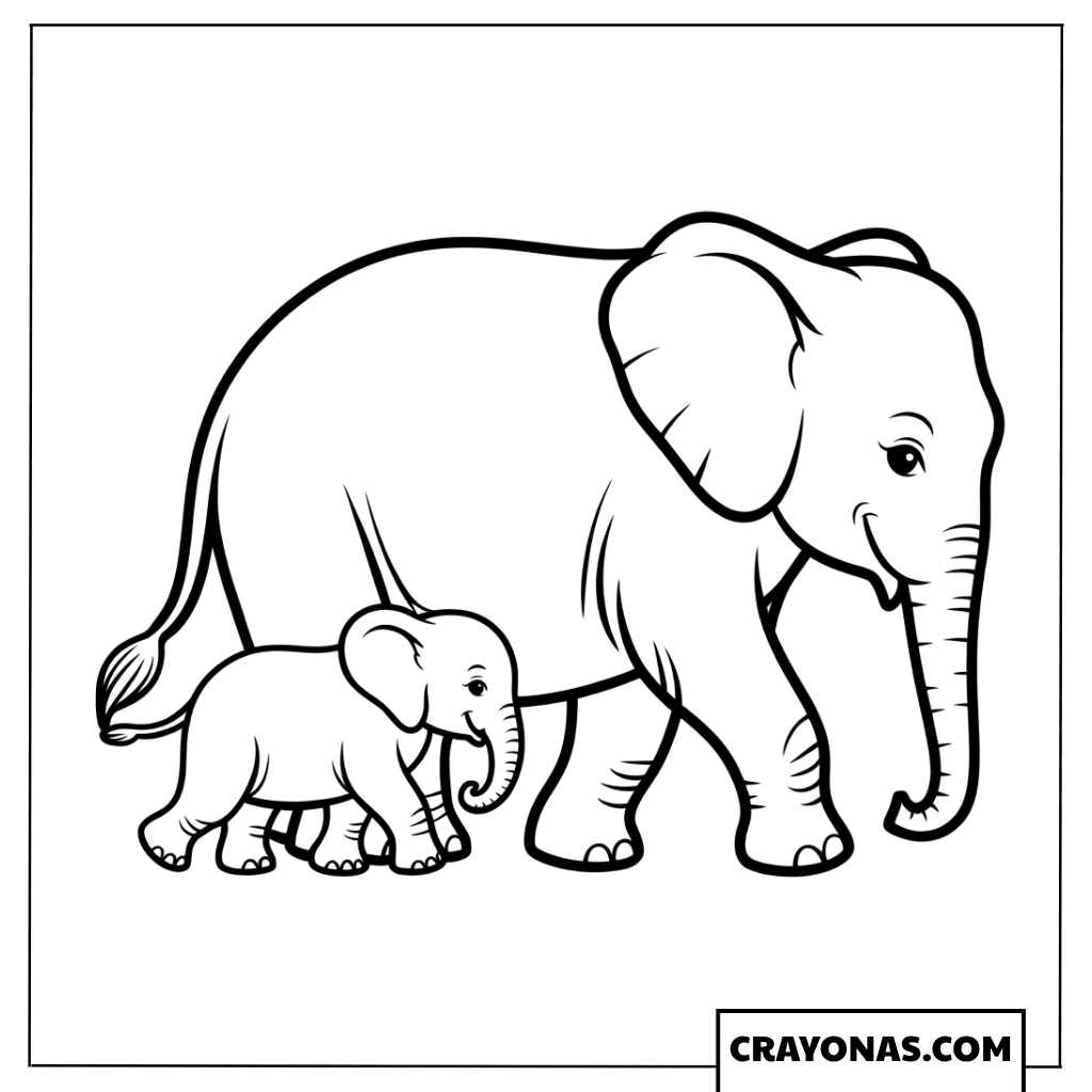 Mother Elephant Walking with Baby Coloring Page