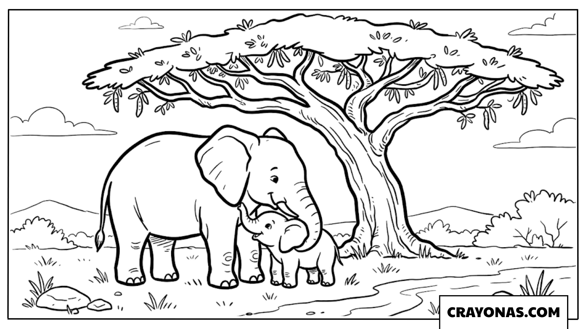 Mother Elephant with Baby Under Tree Coloring Page