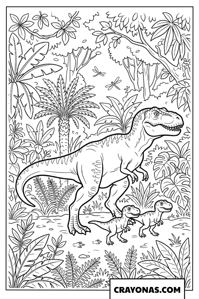 Mother T-Rex and Baby Dinosaurs in Jungle Coloring Page