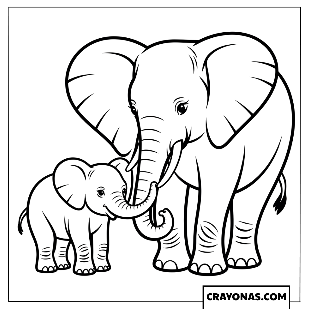 Mother and Baby Elephant Together Coloring Page