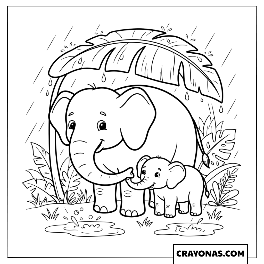 Mother and Baby Elephant Under Tree Coloring Page