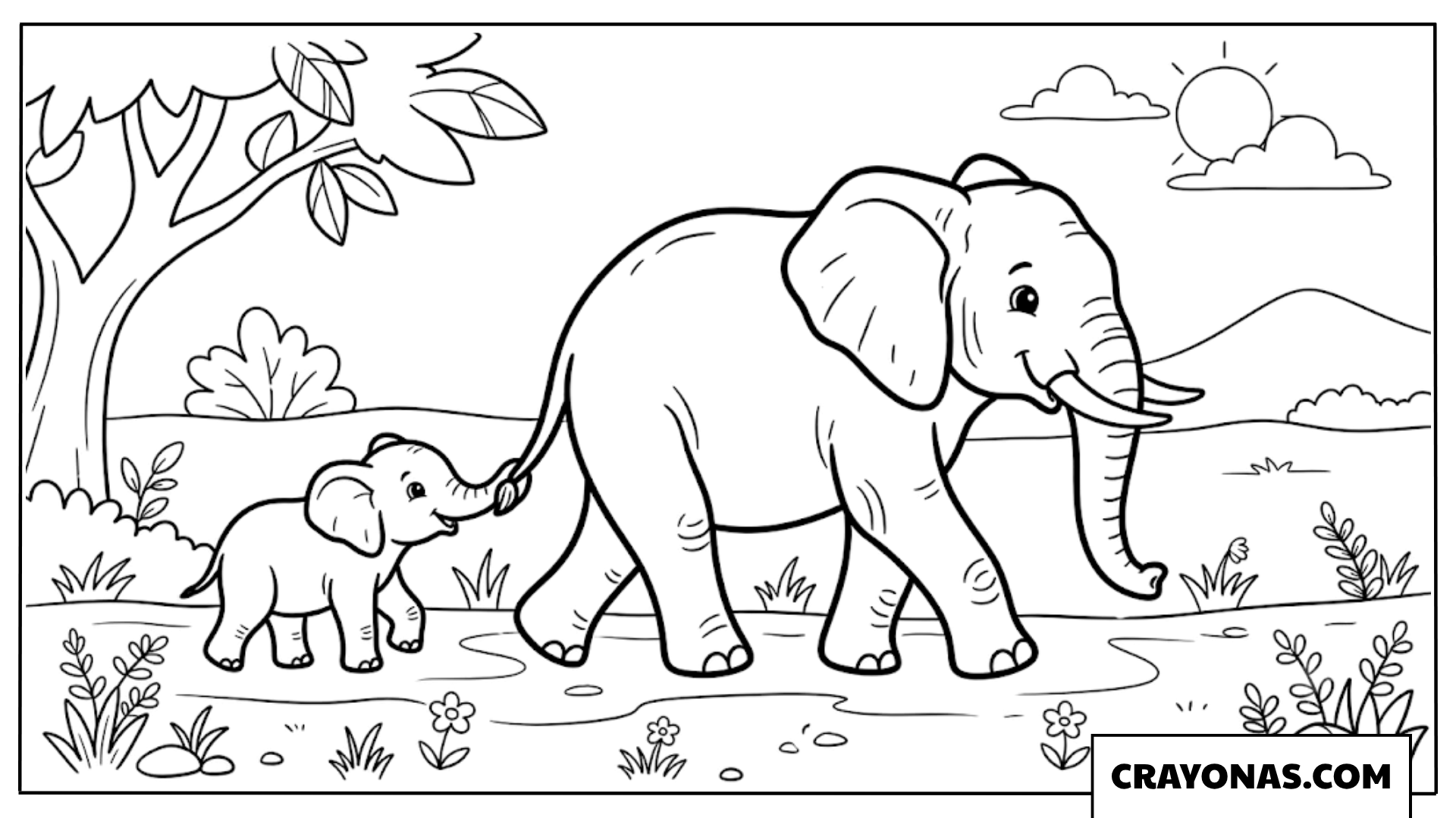 Mother and Baby Elephant Walking Coloring Page