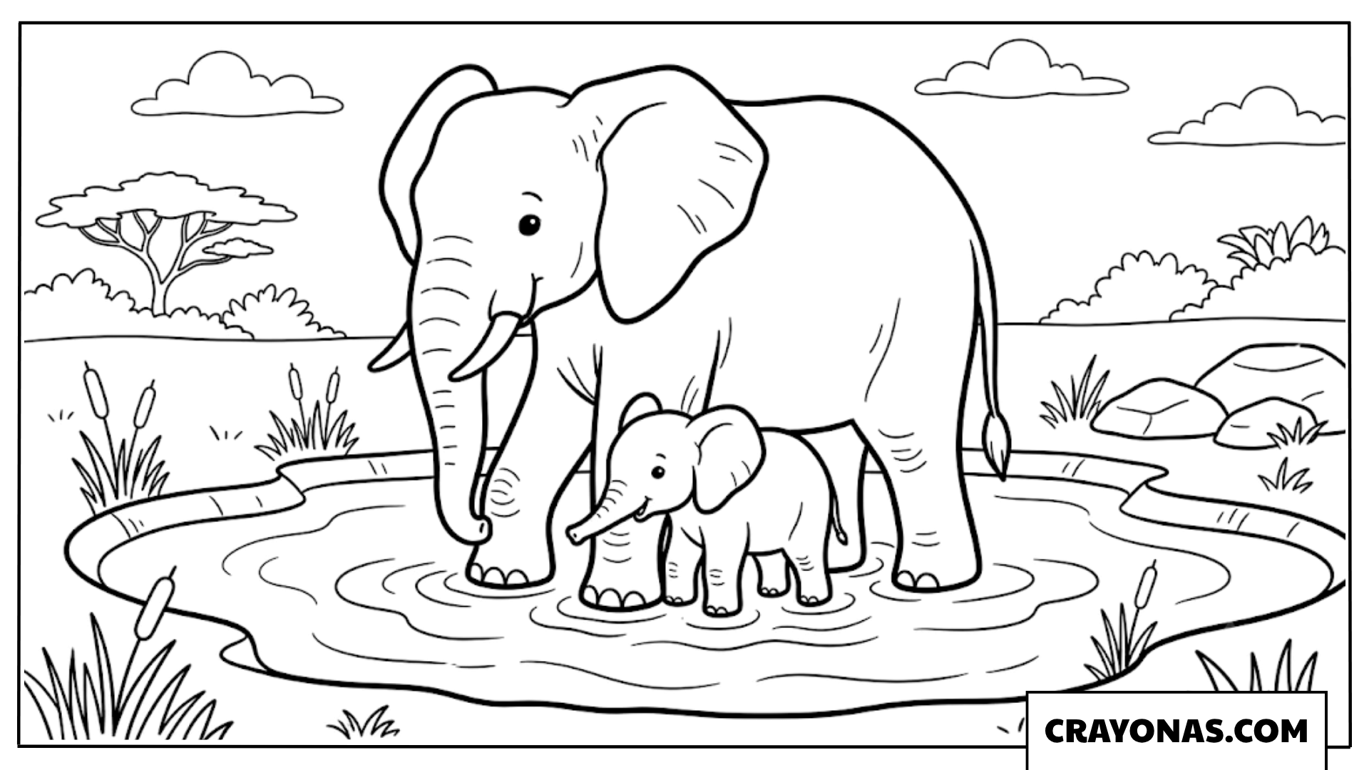 Mother and Baby Elephant at Watering Hole Coloring Page