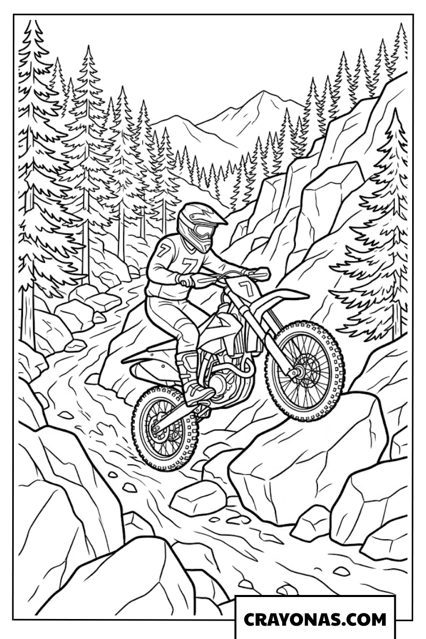 Motocross Bike Climbing Rocky Mountain Coloring Page
